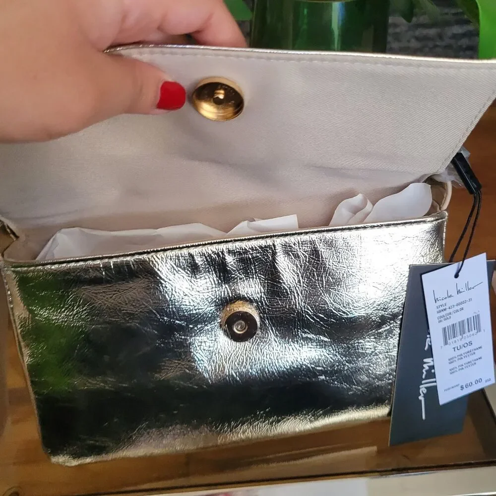 Nicole Miller Metallic Gold Vegan Leather Handbag Purse Shoulder Bag NWT $60 NEW - Picture 9 of 16
